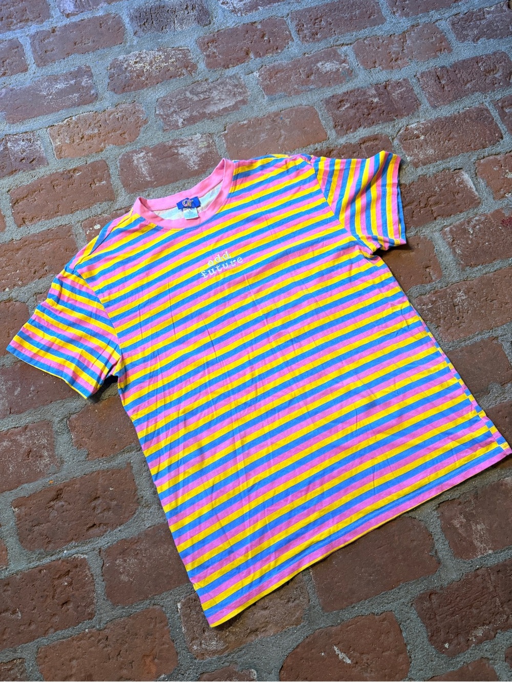 Odd Future OF Striped Rainbow Unisex Tee Pink, Yellow & Blue Large Skater style